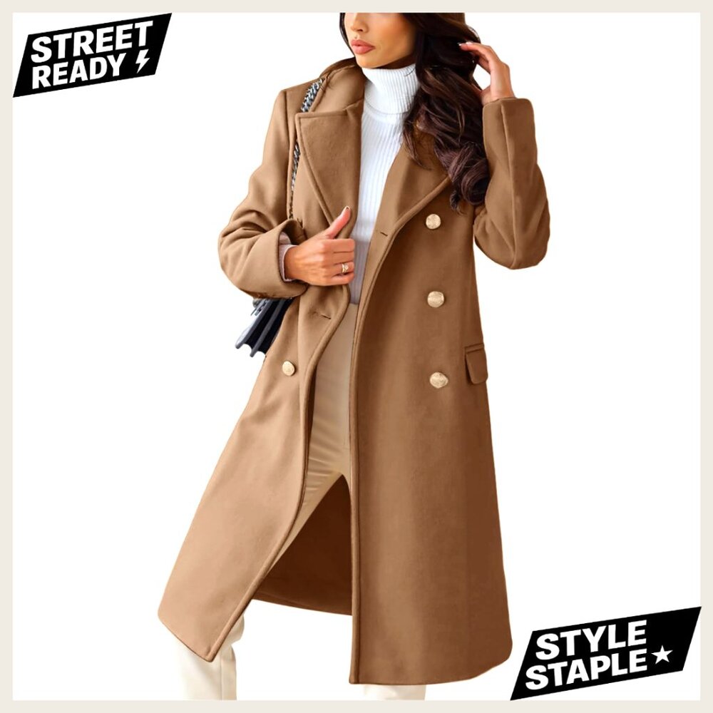 Wool Blend Long Trench Coat Double Breasted Winter Pea Coat Women's